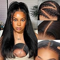 Beauty Forever Bye Bye Knots Put on and Go Glueless Yaki Straight Wig 7x5 Pre-Cut Lace Closure Wig,Easy to Wear Kinky Human Hair Beginners Wig for Women Pre Plucked 150% Density Natural Color 14 Inch