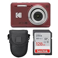 Kodak PIXPRO FZ55 Digital Camera (Red) + Point & Shoot Camera Case + Sandisk 128GB SDXC Memory Card