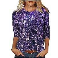 Women 3/4 Sleeve Tops Colorful Geometric Print Casual Shirts 2024 Novelty Trendy Workout Crewneck Pullover Blouse