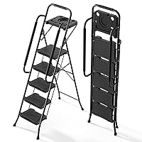 KINGRACK 5 Step Ladder with Tool Platform, Sturdy Step Stool with Handrail, Folding Steel Ladder with Wide Pedal, Safety Ladder for Adults Home Outdoor Painting Garage