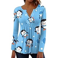 Women's Christmas Tops V-Neck Pleated Printed Funny Graphic Blouses Relaxed Loose Women Long Sleeve Tshirt