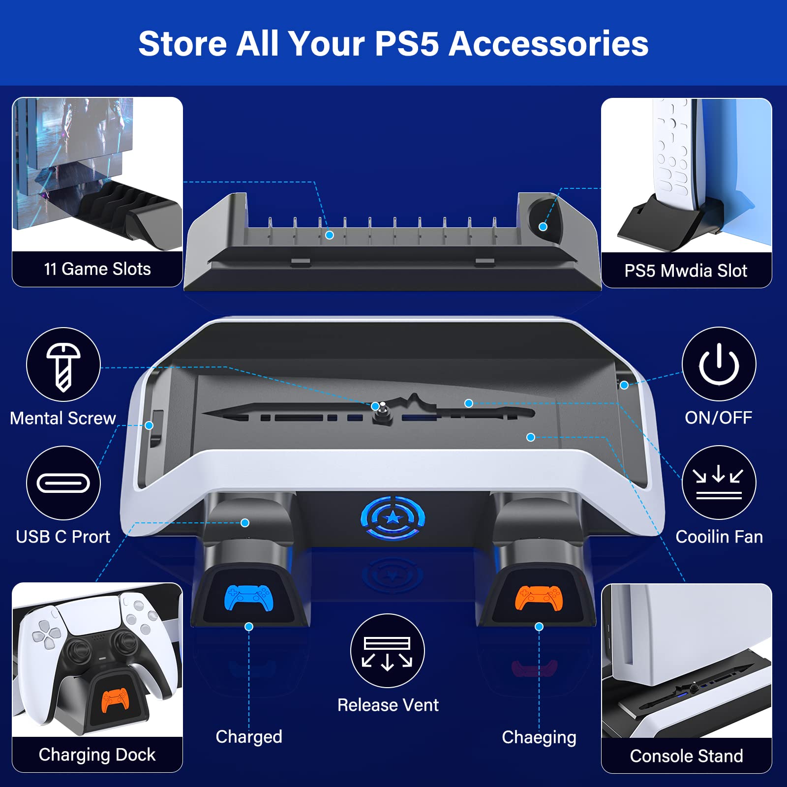 PS5 Stand and Cooling Station with Dual PS5 Controller Charging Station for Playstation 5 PS5 Console Disc/Digital Edition, PS5 Accessories, Cooling Fan, Headset Holder, 11 Game Slots, Black