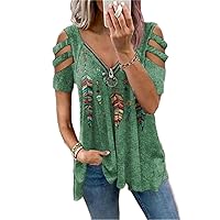Andongnywell Women's Print Cold Shoulder Casual Tops Short Sleeve Zip Up V Neck Tunic T Shirt Blouse Plus Size Tunic Tops