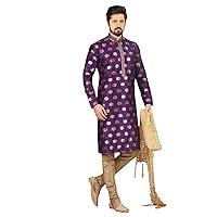 Shreyanvi Indian Traditional Engagement Wear Men's Tunic Art Silk Kurta Pajama Wedding Party Suit Dress Set