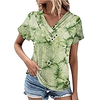Trendy Tops for Women Retro Printed T-Shirt V-Neck Short Sleeve Top Casual Pleated Button Blouses Womens Fashion 2024