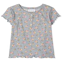 Girls' Short Sleeve Floral Print Ribbed Henley Top