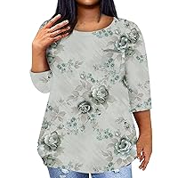 Bohemian Tops for Women 2024 Plus Size Casual Versatile Pretty Loose Fit with 3/4 Sleeve Crewneck Blouses
