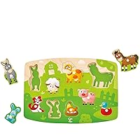 Hape Farmyard Peg Puzzle | 10 Piece Wooden Animal Peg Jigsaw Puzzle Game, Learning Toy for Toddlers, Multicolor, 5'' x 2''