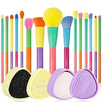 Docolor 15Pcs Colourful Makeup Brush Set + Makeup Brushes Cleaner Set,Premium Synthetic Kabuki Foundation Blending Rainbow Make Up Brush Set with Solid Soap Cleanser & Color Removal Sponge