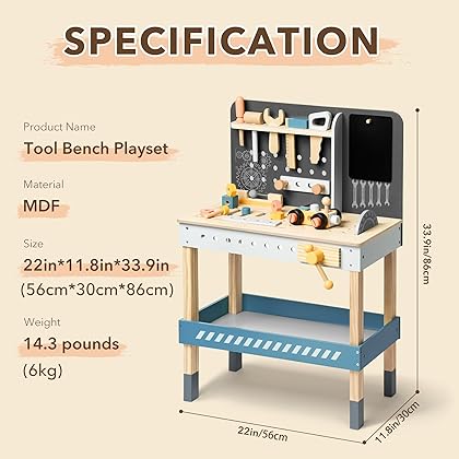 ROBUD Wooden Tool Workbench for Kids Toddlers, Toy Tools Set Gift for 3 4 5 6 7 Years Old and Up