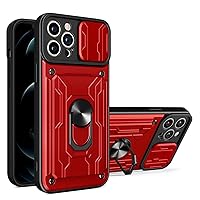 ONNAT- Military Grade Shockproof Case for iPhone 14 Pro Max/14 Plus/14 Pro/14 with Card Holder Slide Camera Cover & Kickstand&Magnetic (Red,14 Plus)