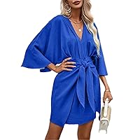 Batwing Sleeve Belted Wrap Front Dress