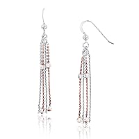 Sterling Silver Rose & White Moon Diamond Cut Beads Dangling Tassle Fishhook Earring