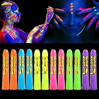 12 Pcs Glow in The Dark Body Face Paint Neon Glow in The Black Light UV Fluorescent Crayons Paint Sticks Makeup Kit for Kids Adults Halloween Masquerade Mardi Gras Blacklight Birthday Party