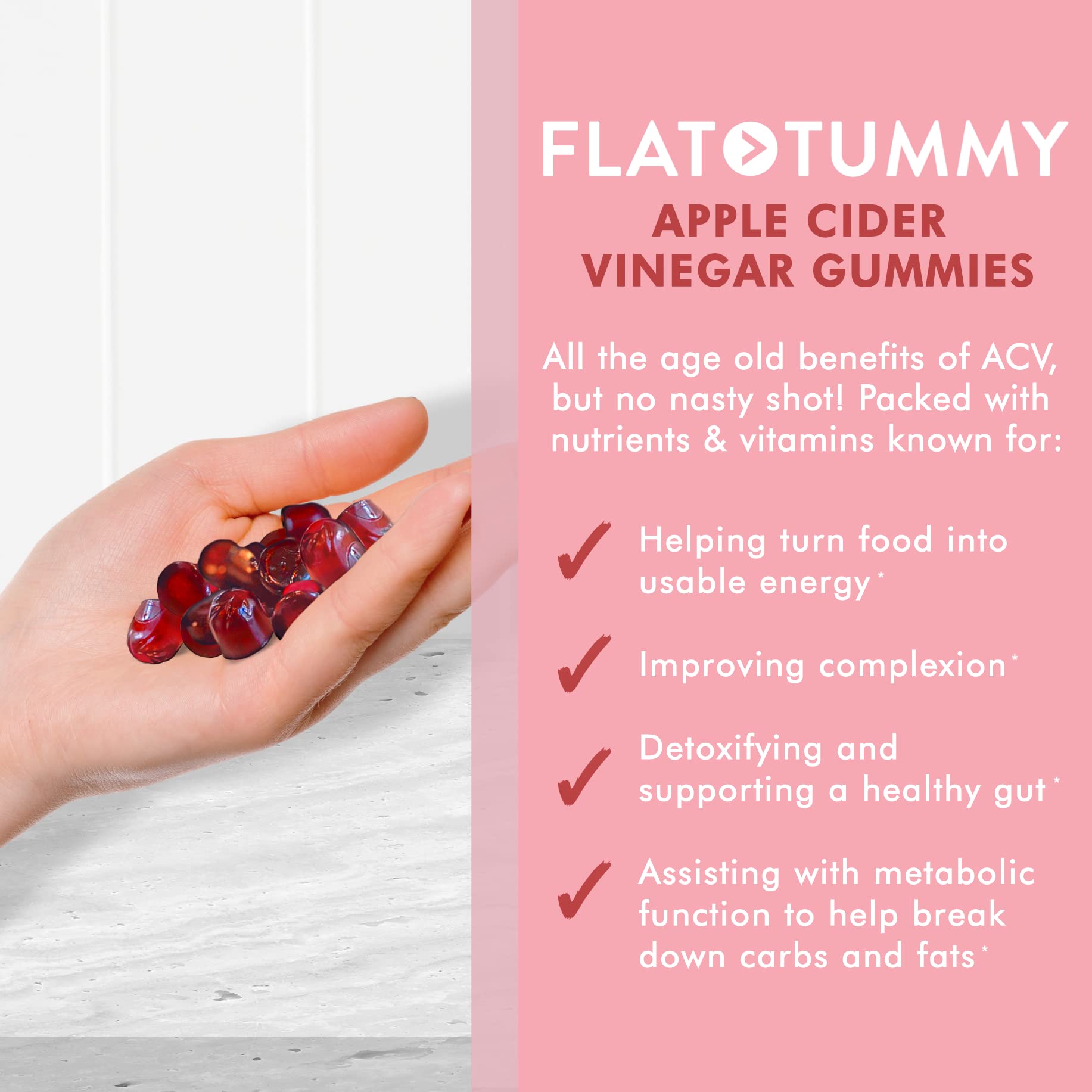 Flat Tummy Apple Cider Vinegar Gummies, 60 Count – Boost Energy, Detox, Support Gut Health & Healthy Metabolism – Vegan, Non-GMO ACV Gummies- Made with Apples, Beetroot, Vitamins B6 & B12, Superfoods