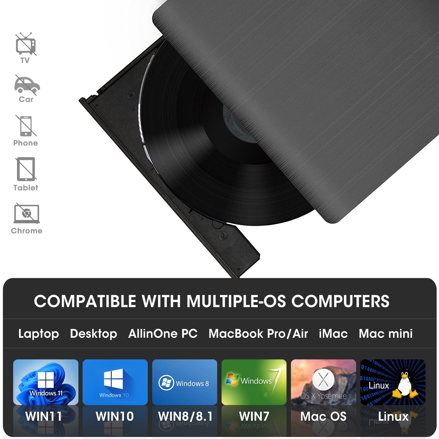 ROOFULL External CD DVD +/-RW Drive for Laptop USB 3.0 Portable DVD/CD-ROM Burner Player Reader Writer Rewriter Optical Disk Drive for Laptop PC Windows 11/10/ 8/7, Mac, Linux OS, Black (Updated)