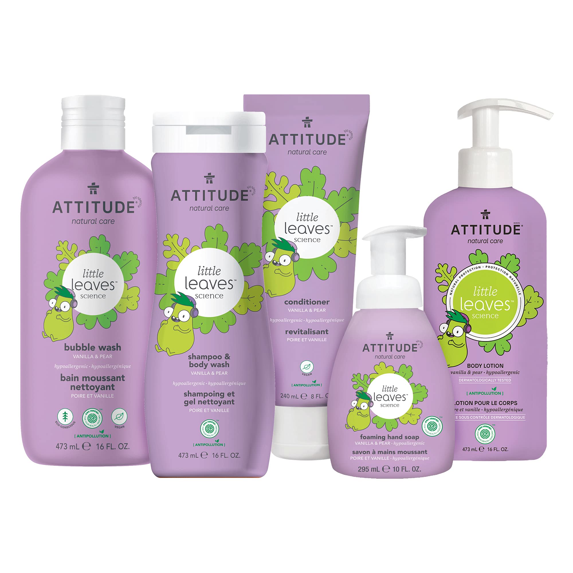 ATTITUDE Bubble Wash for Kids, Hair Shampoo and Body Soap, EWG Verified Hypoallergenic Plant- and Mineral-Based, Vegan and Cruelty-free, Vanilla & Pear, 16 Fl Oz (Packaging May Vary)