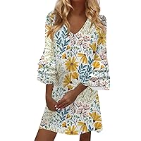 Spring Dresses for Women 2024 3/4 Bell Sleeve Dress V Neck Floral Print Loose Casual Long Tunic Blusa Mini Dress