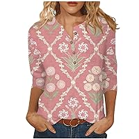 Tops for Women 2024,Women's Fashion Button Down 3/4 Sleeve Cute Printed Loose Casual T-Shirt Ladies Basic Top