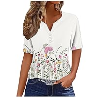 Ladies Tops and Blouses, Womens Short Sleeve T Shirts Loose Fitting Floral Print Graphic Tees Vneck Grandma Shirts Tunic