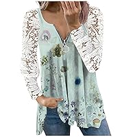 YZHM Womens Fashion Blouses Lace Long Sleeve Tops Floral Print V Neck Shirts Loose Fit Casual Tshirts Ladies Tunic Tops