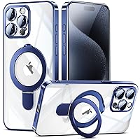 MANLENO Magnetic for iPhone 15 Pro Case Magsafe Clear with Invisible Stand Kickstand Plating 10FT Shockproof Soft Rubber Protective Phone Case (Blue)