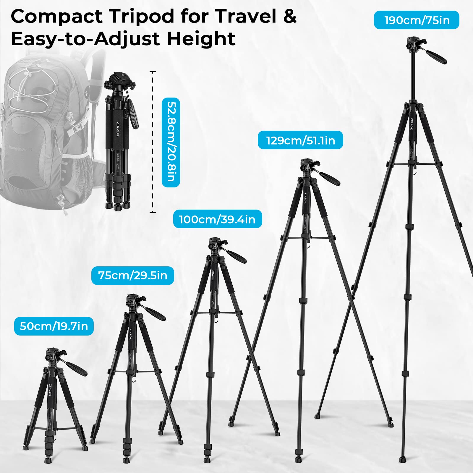 ZIKZOK 75 Inch Camera Tripod, Lightweight Travel Aluminum Cell Phone Video Tripod for DSLR/SLR/DV/GoPro/iPhone with Bag (Weight 2.8Lbs/Load 11Lbs)