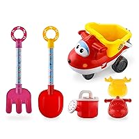 Beach Toys Sand Toys - Super Wings Toys Playset - Beach Toys for Kids Age 3-5 - Sandbox Toys 6 Pieces Including Shovel, Rake, Watering Can, Sand Trucks Set and 2 Sand Molds