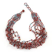 Avalaya Red/Light Blue/Amber Coloured Multistrand Glass Bead Necklace - 48cm Length