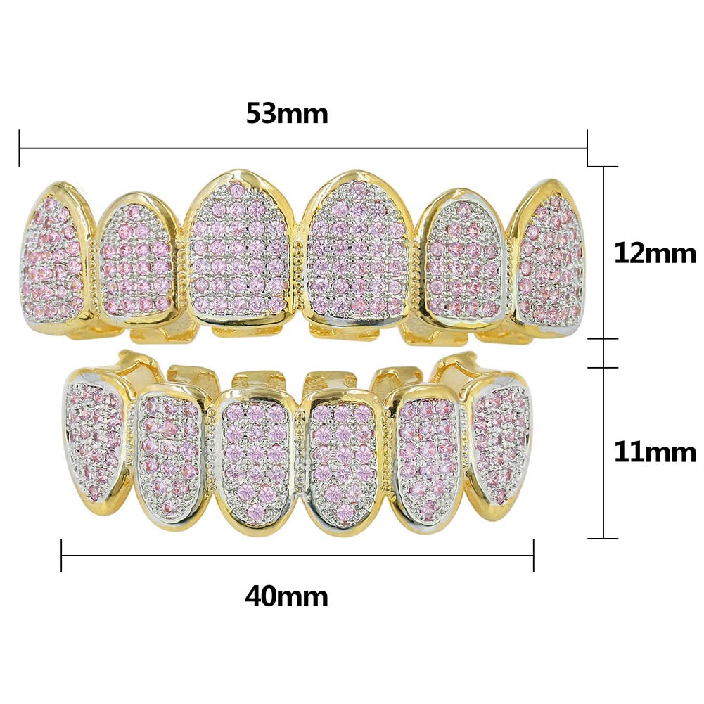 JINAO 18k Gold Plated All Iced Out Pink CZ Teeth Grillz for Women with Extra Molding Bars