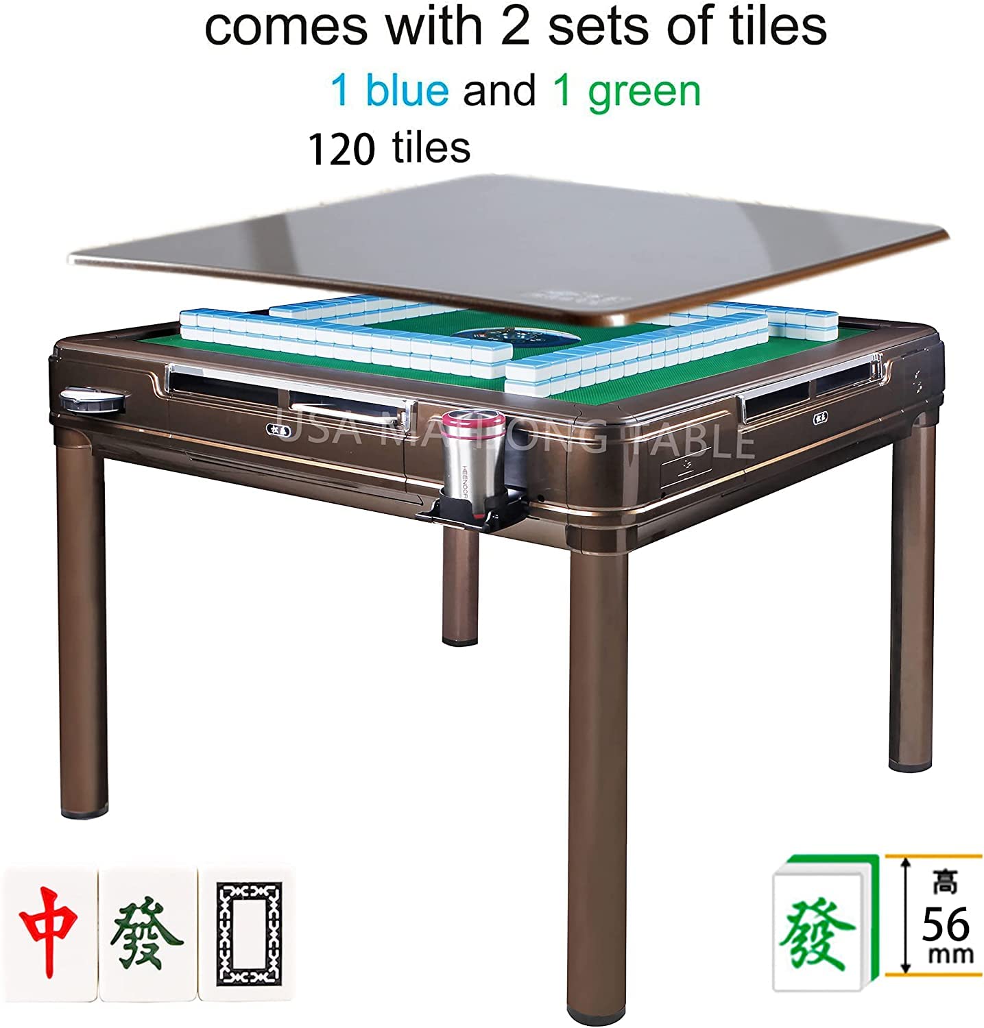 Solor Automatic Mahjong Table with 4 USB Chargers - 56 mm Tiles ( Blue & Green) & 1 Cloth Cover Mah Jongg 四川麻将108张专用不适用其他玩法