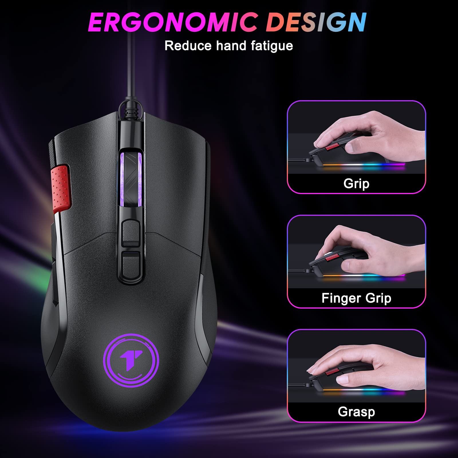 TECURS Wired Gaming Mouse, RGB Backlit Ergonomic Mouse with 8 Programmable Buttons up to 7200 DPI for Laptop/Windows PC/Mac, USB Mouse Gamer Mouse Black