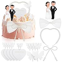 RAYNAG 19 Pieces Wedding Cake Topper, Resin Bride and Groom Cake Decoration with Butterfly Pearl Bowknot Love Ornaments Heart Card, for Engagement Wedding Anniversary Bridal Shower Decorations Gifts
