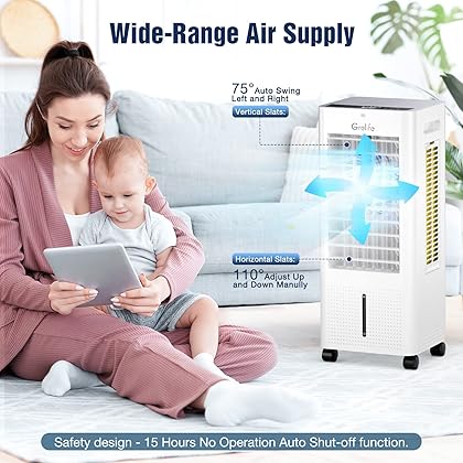 Grelife Evaporative Air Cooler, Portable Cooling Fan with 75° Oscillating, Humidifying, 1.58Gal Water Tank, 4 Ice Packs, Remote Control, 3 Speeds, 12H Timer, Personal Swamp Cooler for Room Home Office