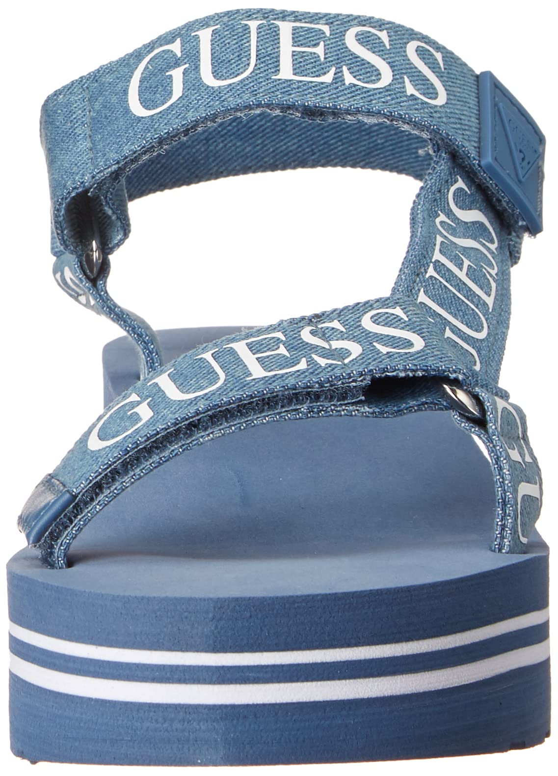GUESS Women's AVIN Wedge Sandal, Blue+White Denim, 6