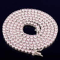 4mm Width Rose Gold Tennis Chain For Men Women 4mm One Row Pink Cubic Zirconia Hip Hop Necklace Link Rock Jewelry AM69A (Silver Pink-18inch)