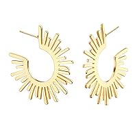 18K Gold Big Hoop Earrings Delicate Screw Thread Spring Coil Square Huggie Earrings Sunburst Half Hoop Earrings Minimalist Ear Jewelry for Women