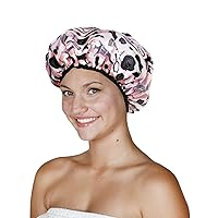 Reusable Nylon Shower Cap & Bath Cap, Reversible Oversized Waterproof Shower Caps Large Designed for all Hair Lengths w Terry Lining & Elastic Band Stretch Hem Hair Hat - Socialite Boudoir
