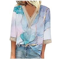 Womens Summer Tops 2023 3/4 Sleeve Sexy V Neck Floral Print Blouse Casual Loose Tunic Shirts Vintage Graphic Tee