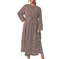 Womens Plus Size Dresses Summer Polka Dot Lantern Sleeve Belted Maxi Dress