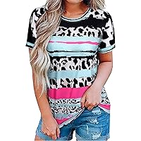 Cow Leopard Striped Bleached T-Shirt Women Country Music Shirt Casual Summer Life Vacation Shirt Tops