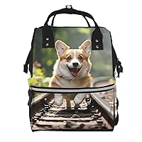 Corgi Dog Running on The Railroad Print Diaper Bag Multifunction Laptop Backpack Travel Daypacks Large Nappy Bag