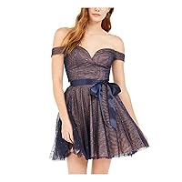 Womens Textured Sequined Short Sleeve Off Shoulder Above The Knee Evening Fit + Flare Dress