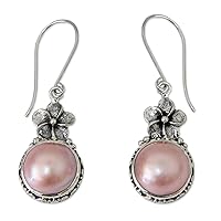 NOVICA Handmade Cultured Freshwater Pearl Flower Earrings .925 Sterling Silver Floral Dangle White Indonesia Birthstone [1.8 in L x 0.6 in W x 0.4 in D] 'Pink Frangipani'