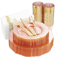 KIRE 210Pcs Pink Plastic Plates with Gold Rim & Disposable Gold Plastic Silverware & Pink Cups & Hand Napkins- Baroque Clear Pink Plastic Dinnerware for Upscale Wedding & Parties& Mothers Day