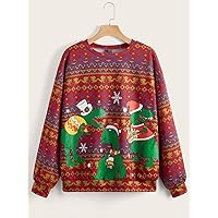 Sweatshirt for Women Drop Shoulder Dinosaur & Christmas Pattern Pullover Sweatshirt for Women (Color : Multicolor, Size : X-Small)