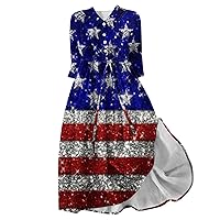 Women American Flag Lace-Up Henley Shirt Dress Summer 3/4 Sleeve Lapel Casual A-Line Dress Stars Stripe Beach Dress