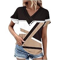 V Neck Shirts for Women 2024 Fashion Color Block Tshirts Blouses Tops Summer Short Sleeve Loose Casual Tunic Tees Pullover