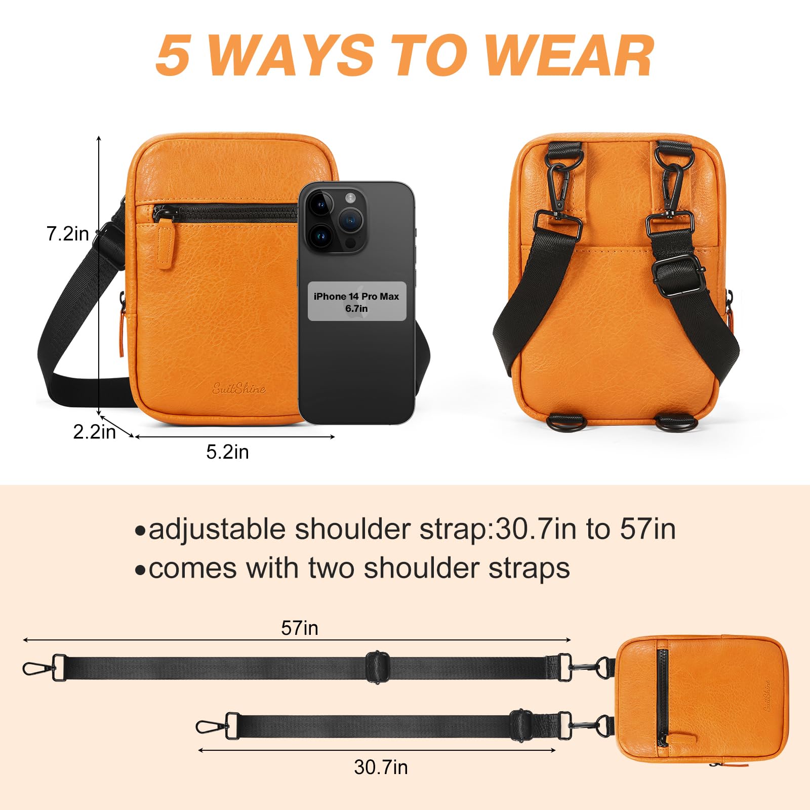 SuitShine Leather Crossbody Bag Sling Bag with 2 Adjustable Strap for Women Trendy,Multi Position Fanny Packs,Belt Bag for Women, Orange