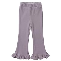 Happy Cherry Kids Girls Flared Pants Ruffle Ribbed Bell Bottom Pants Solid Stretchy Cotton Leggings Trousers